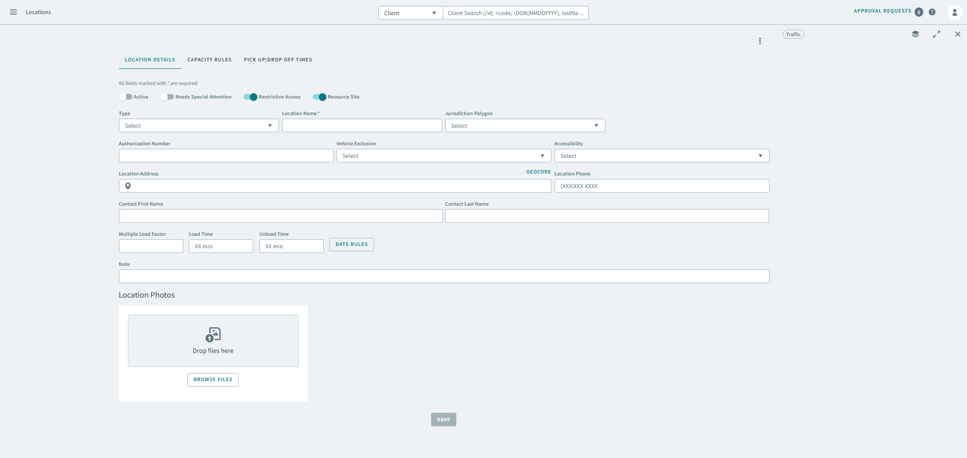 A new location profile is open