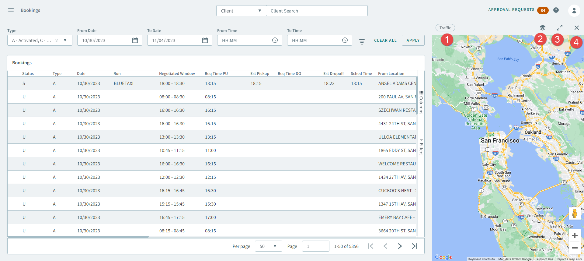 The map menu options in the Bookings page highlight by numbers and a red rectangle.