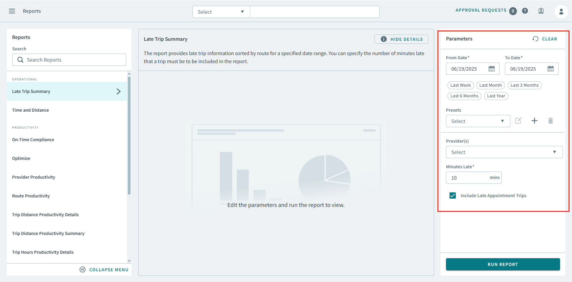 The parameters for the Late Trip Summary