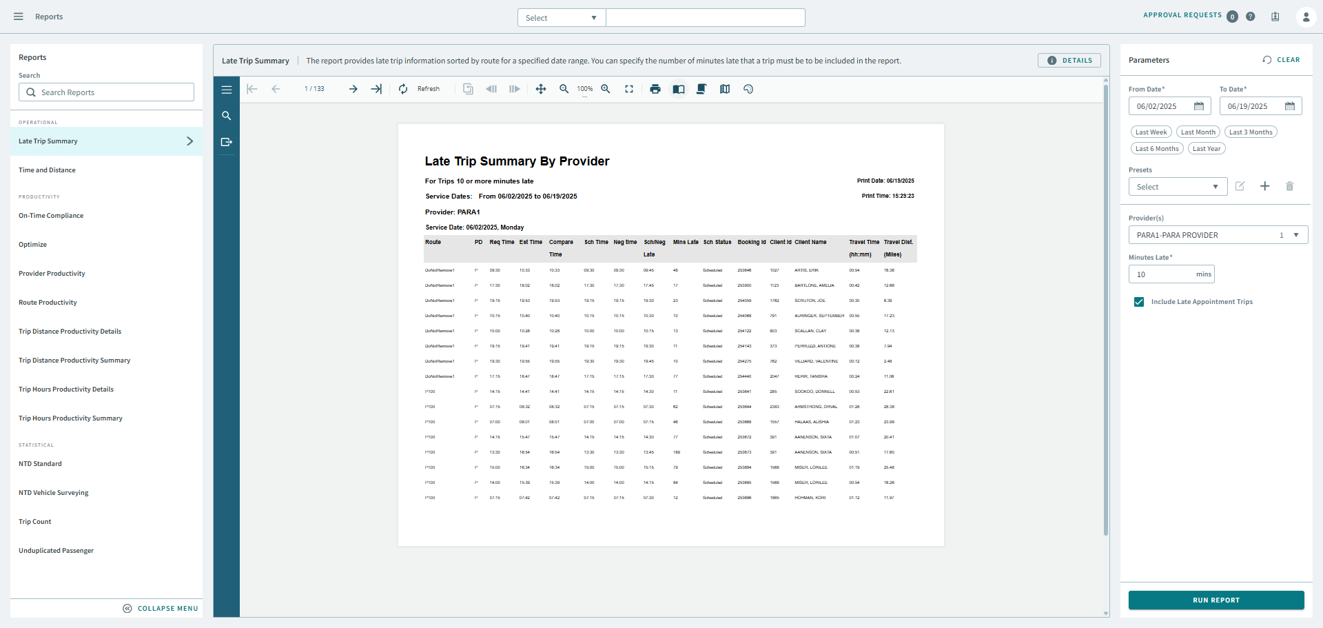 The generated report for Late Trip Summary