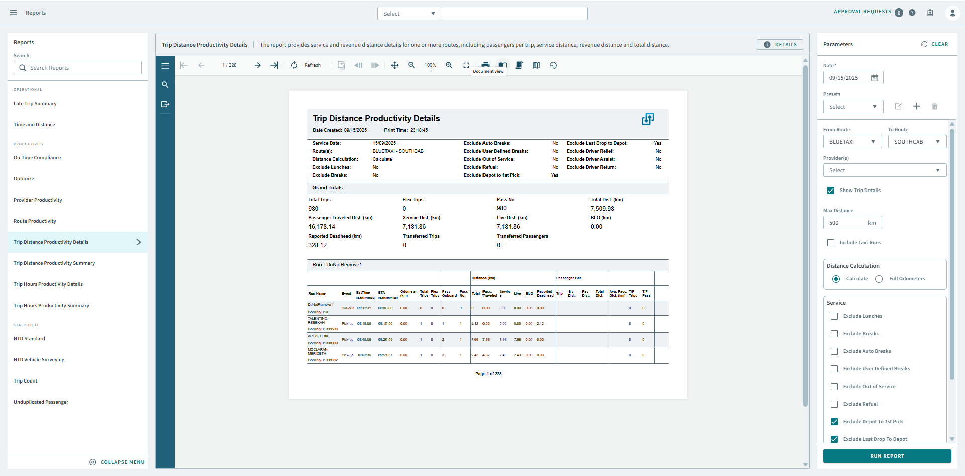 Trip Distance Productivity Details Report