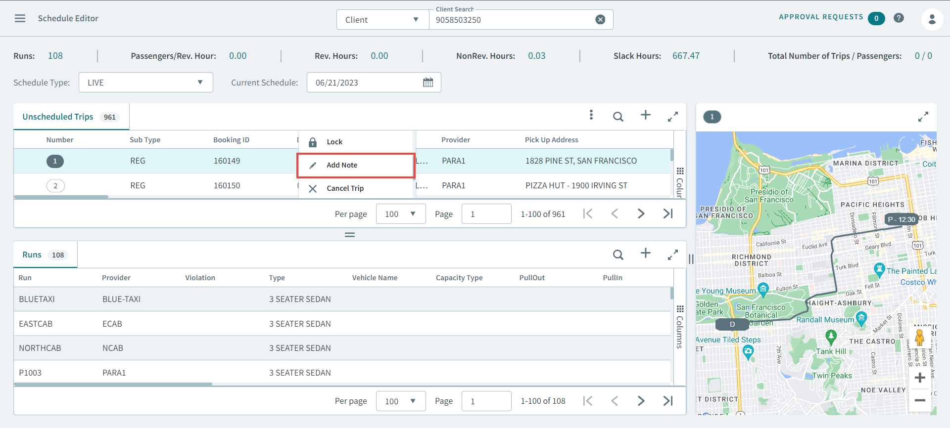 Add Note pop-up menu in Schedule Editor
