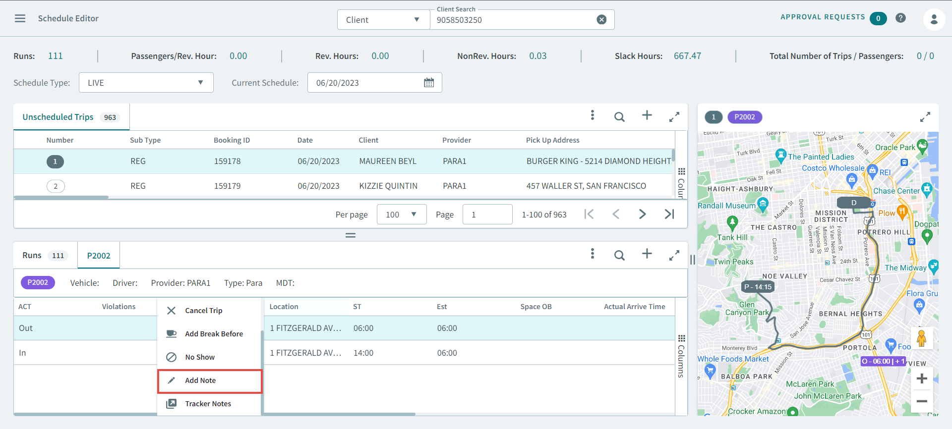 Add Note popup menu in a run itinerary from Schedule Editor