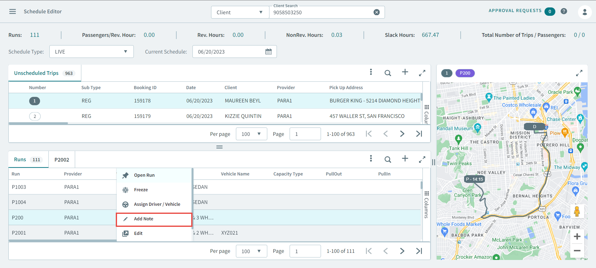 Add Note popup menu in the Runs tab of Schedule Editor