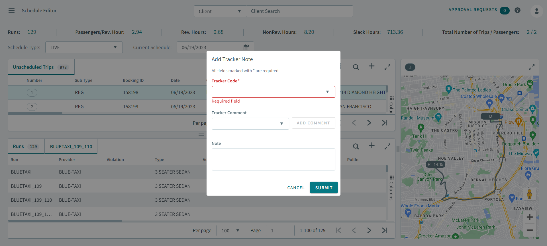 The Add Tracker Note pop-up window in Schedule Editor