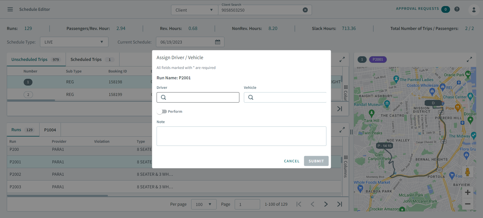 The Assign Driver/Vehicle pop-up window in Schedule Editor