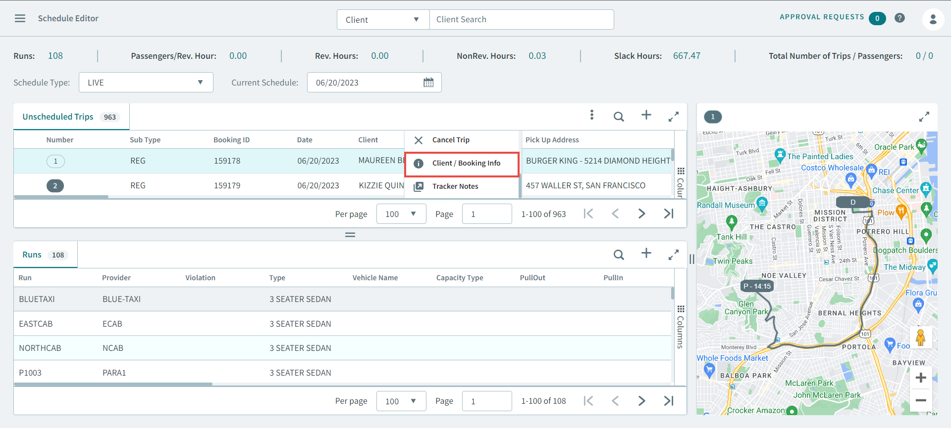 The Client/Booking Info pop-up menu