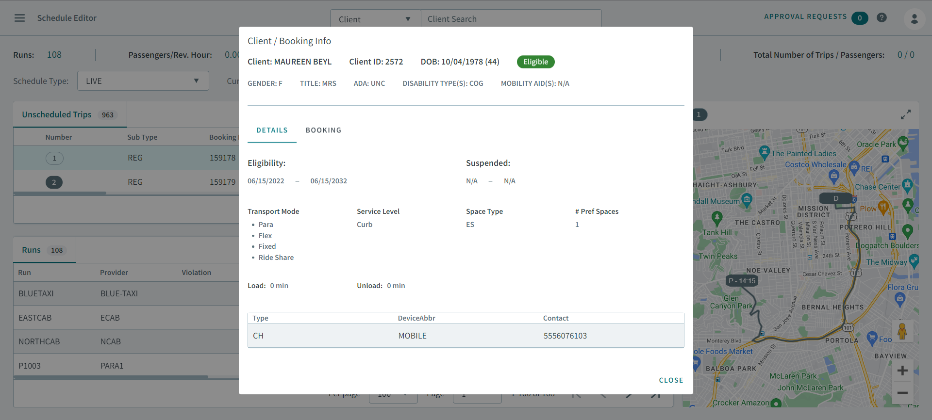 The Client / Booking Info pop-up window
