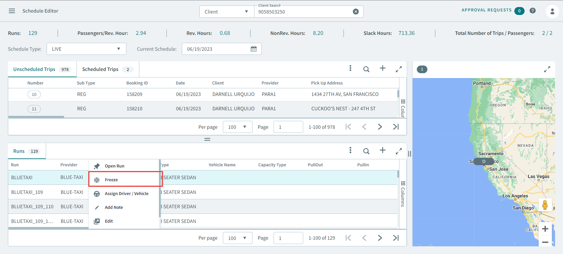 The Freeze Run popup menu in Schedule Editor