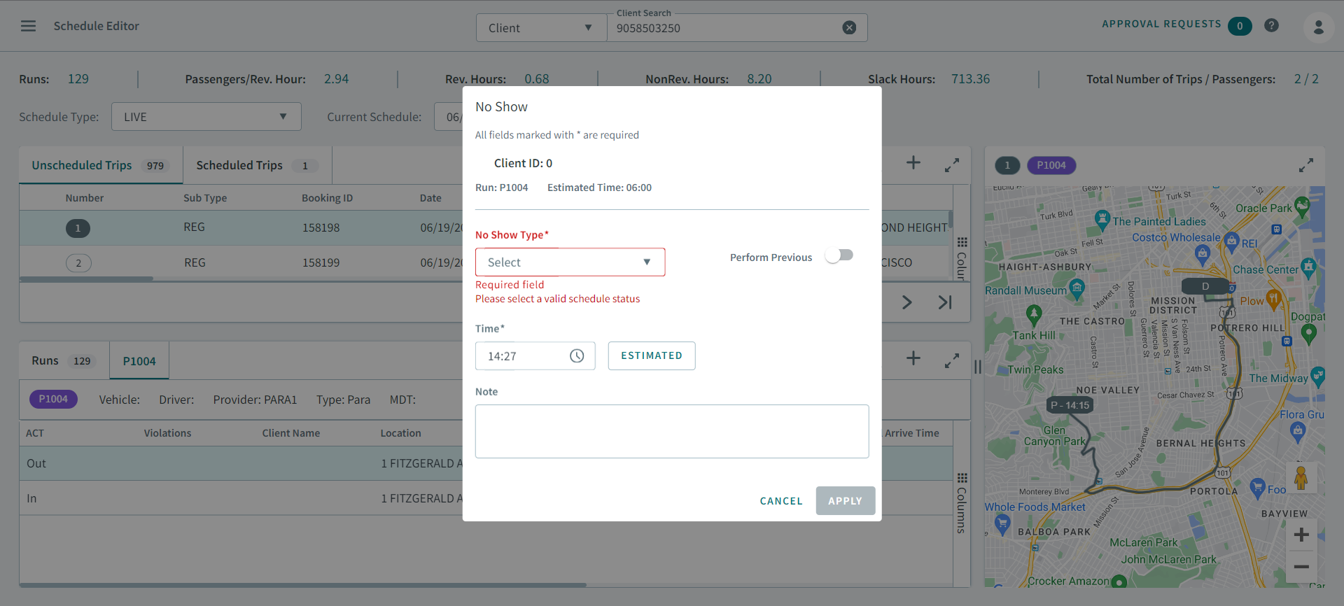 No Show pop-up window in Schedule Editor