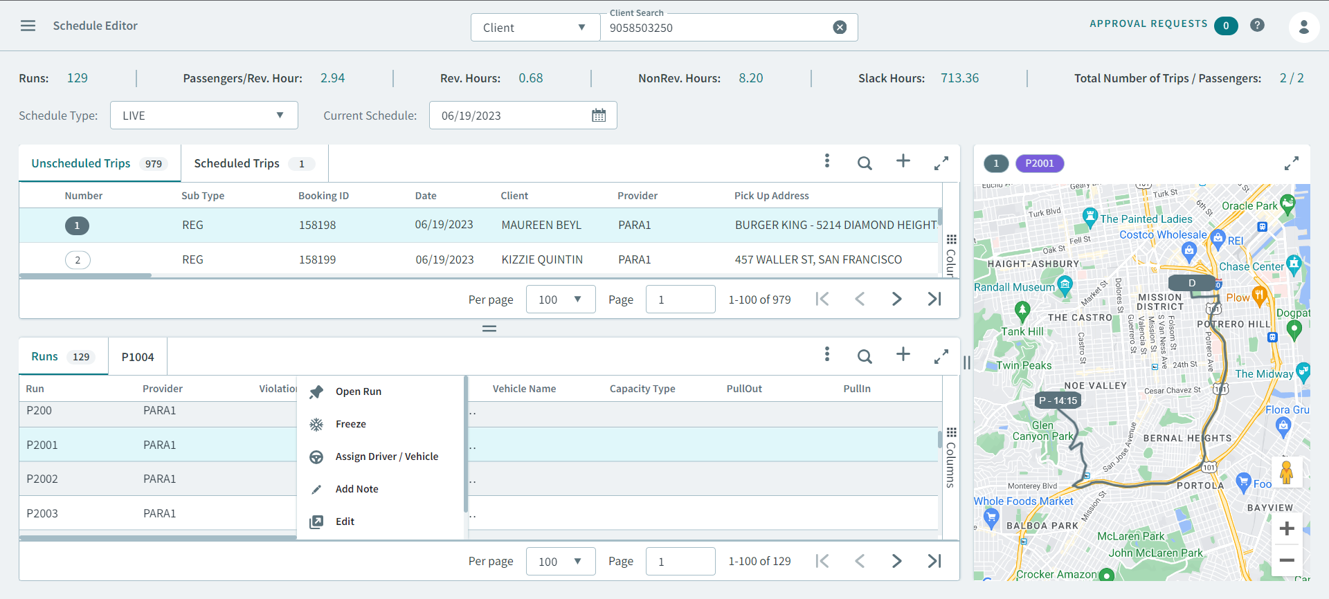 Assign Driver/Vehicle pop-up menu in Schedule Editor