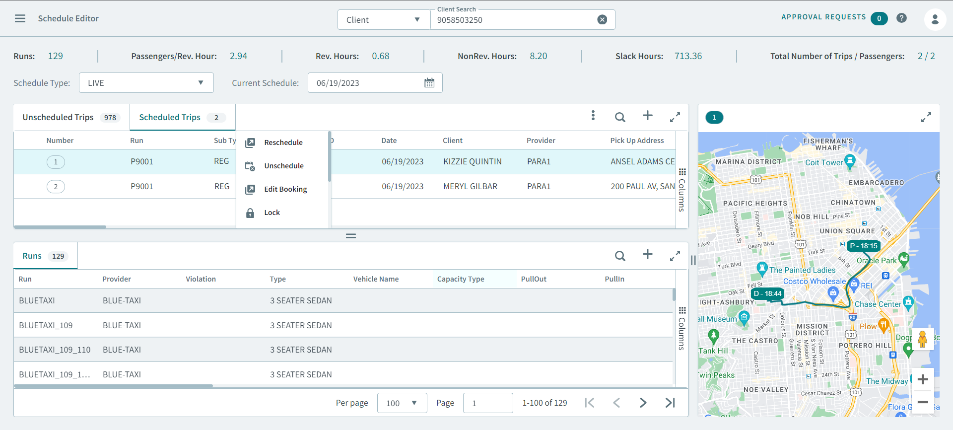 The Reschedule pop-up menu in Schedule Editor