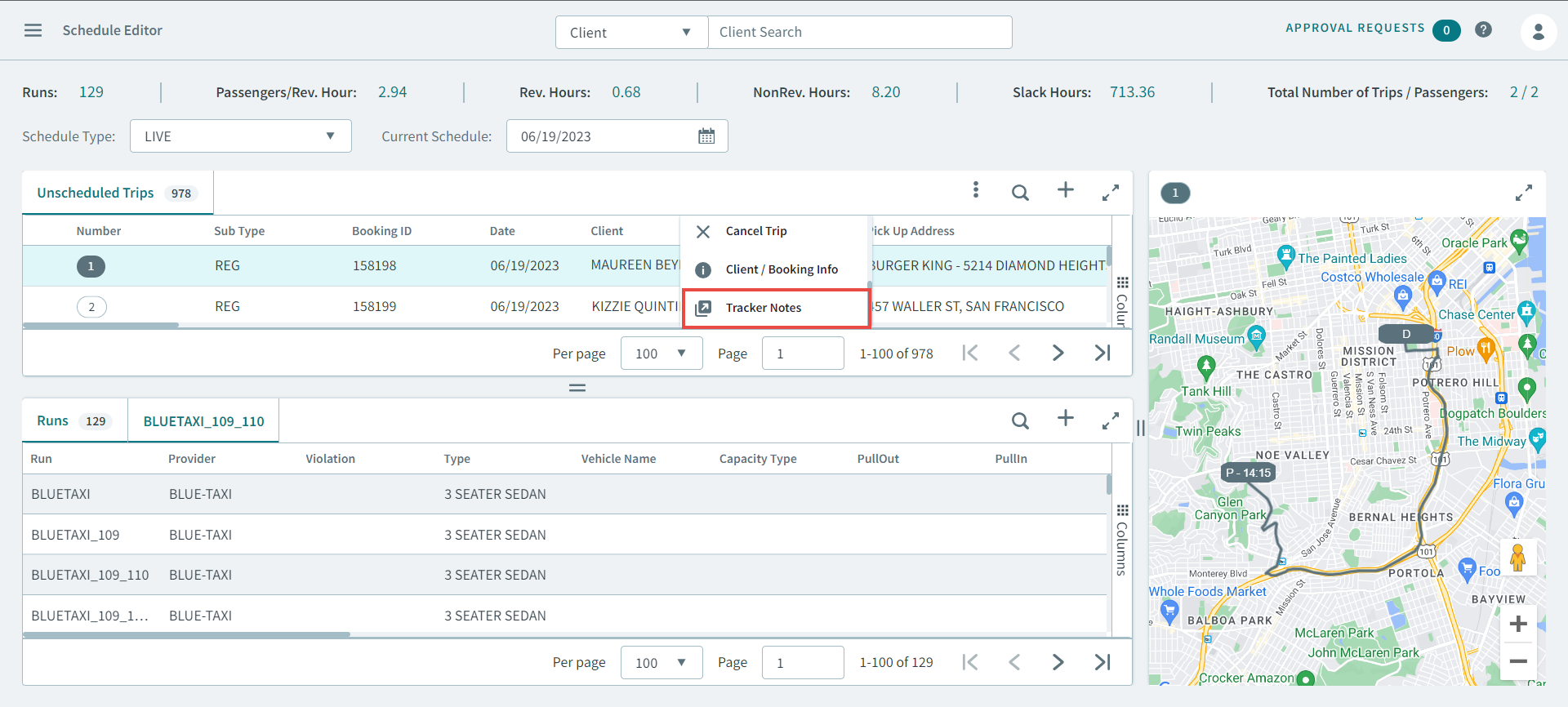 Selecting Tracker Notes in Schedule Editor