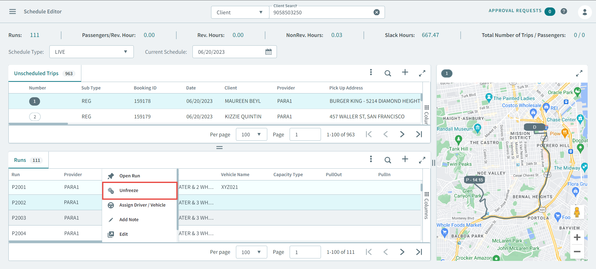 The Unfreeze pop-up menu in Schedule Editor