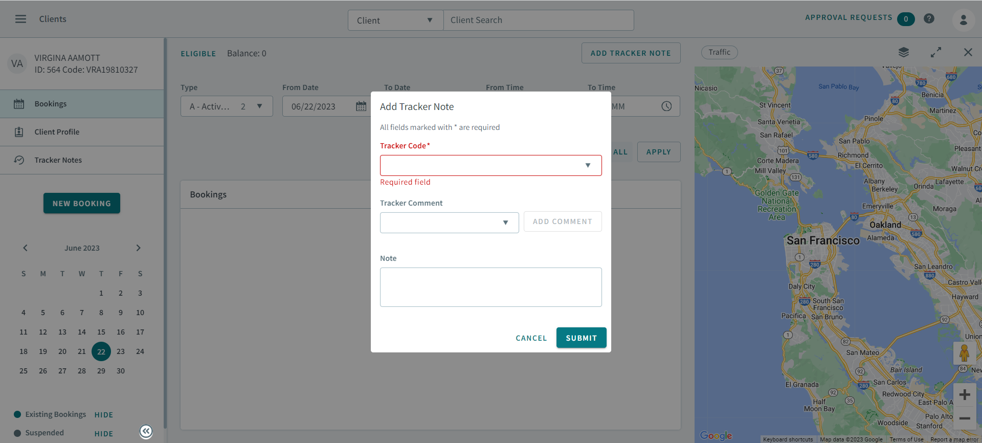 The Add Tracker Note dialog box