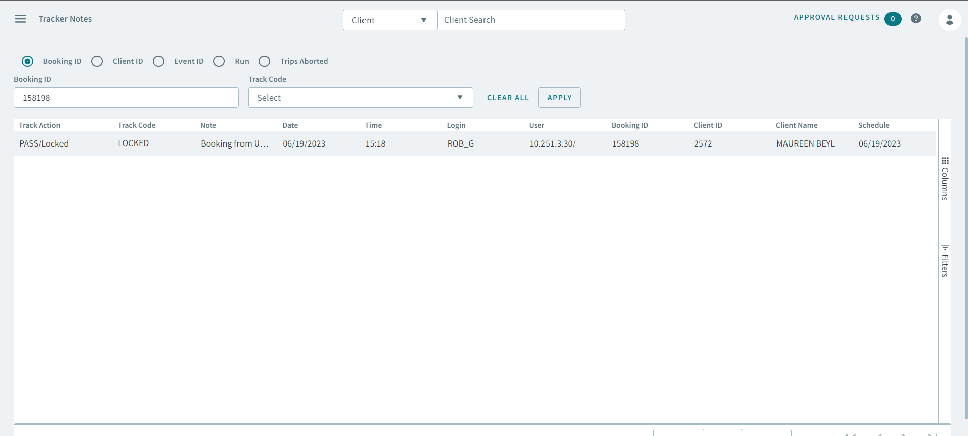 A booking open in the Tracker Notes page.