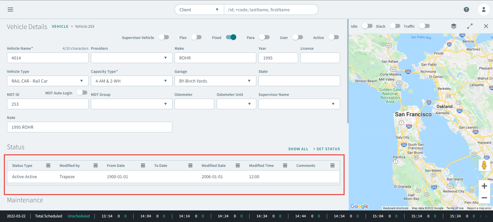 A Status for a vehicle was added with a red rectangle highlighting it.