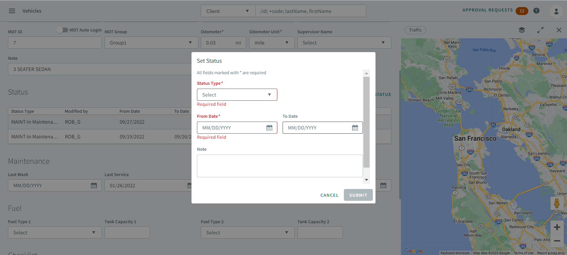 The Set Status dialog box.