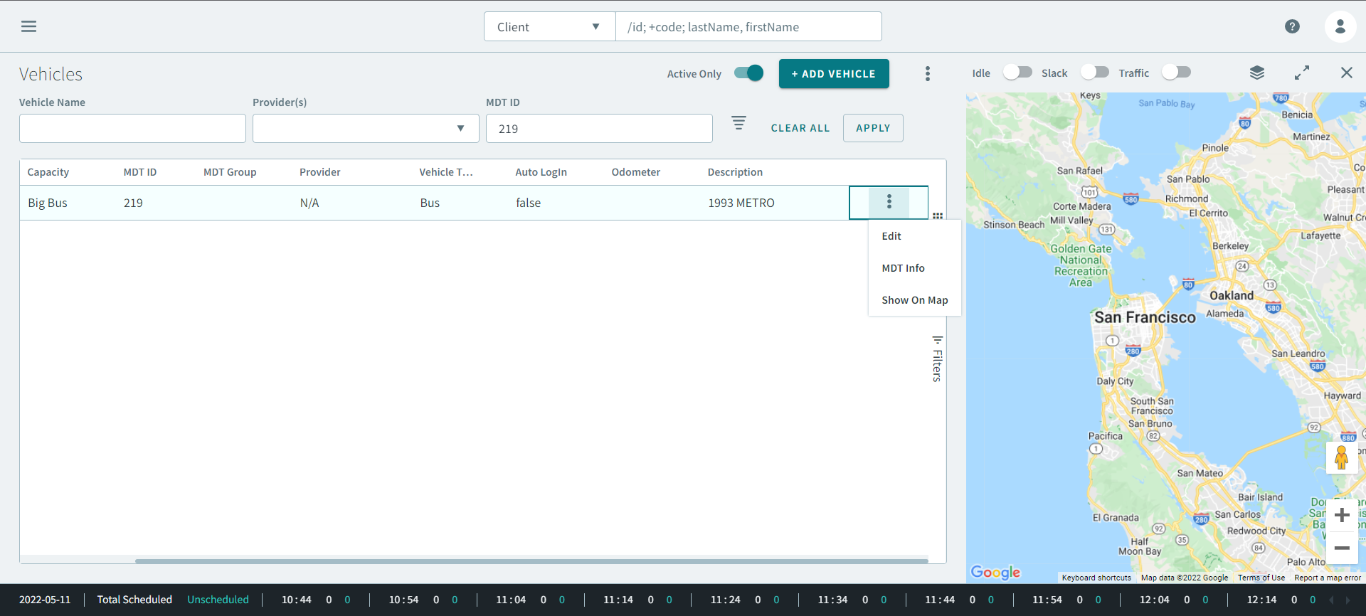 A pop-up box is displayed after clicking on the ellipsis icon on the far-right end of a vehicle profile search result.