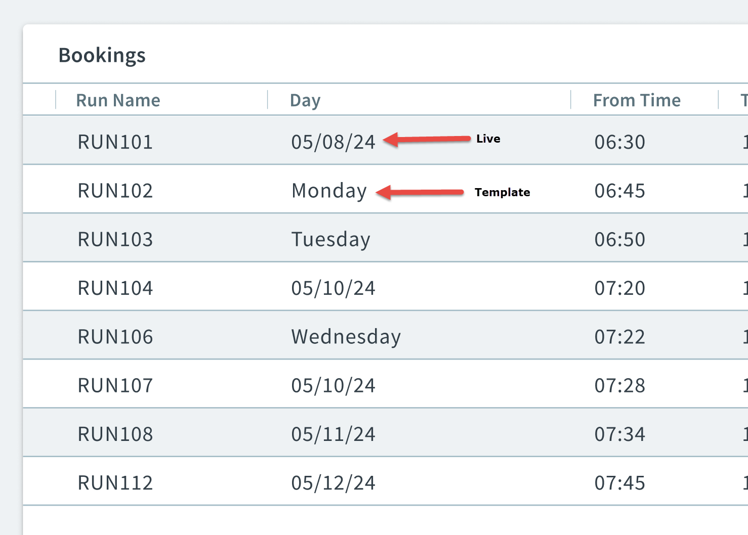 Arrow pointing to a live and template booking in the Day column