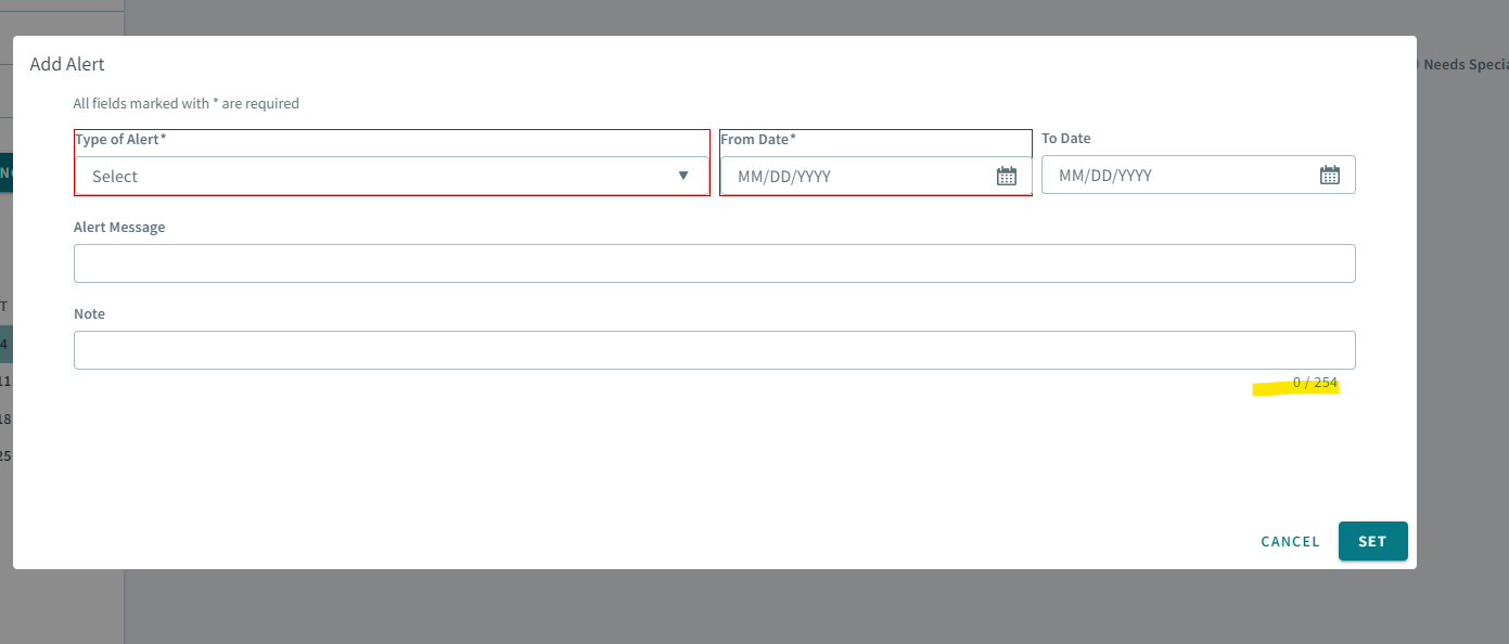 The new character limit for a note in the Add Alert pop-up window.