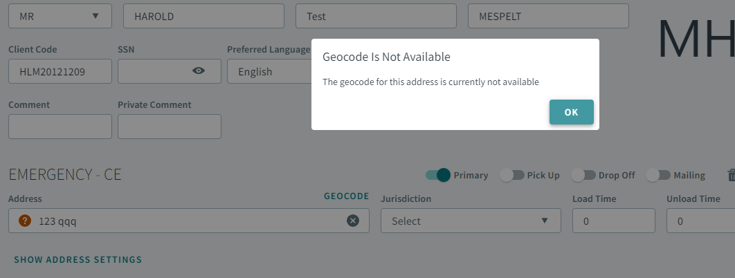 Geocode is Not Available popup window.