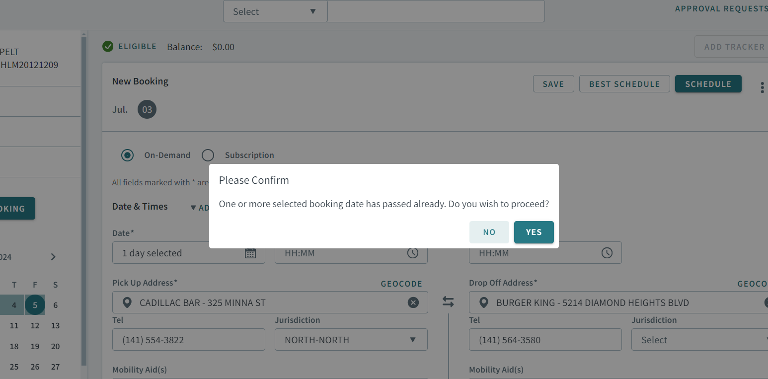 The Please Confirm pop-up window to notify that booking dates that were selected are in the past.