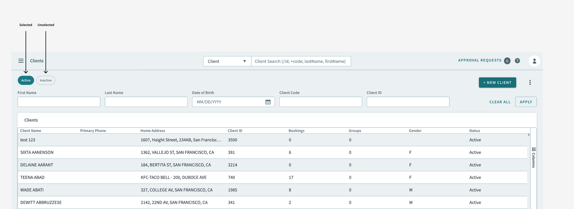 Client page showing the new Active and Inactive chip buttons