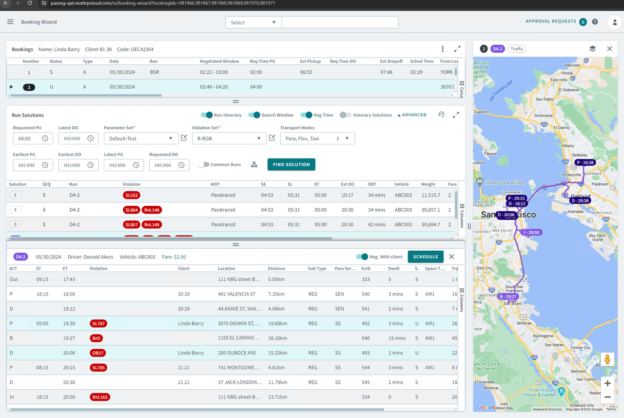 Booking Wizard showing selected runs and the route on the map.