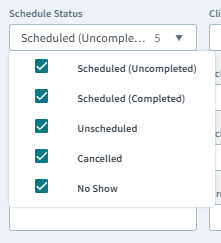 Schedule Status dropdown menu with status checkboxes.