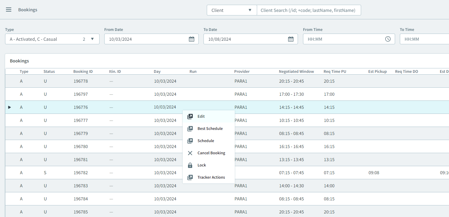 The context menu open in the Bookings page showing the Tracker Actions option.