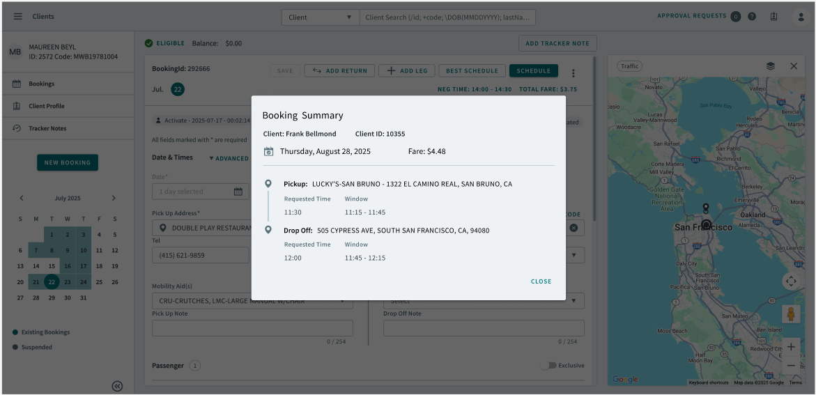 The Booking Summary popup window