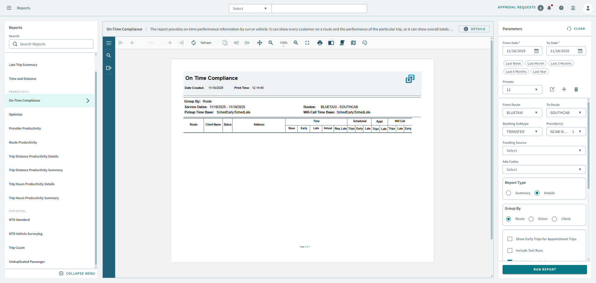 On-Time Compliance report displaying in the Reports page.