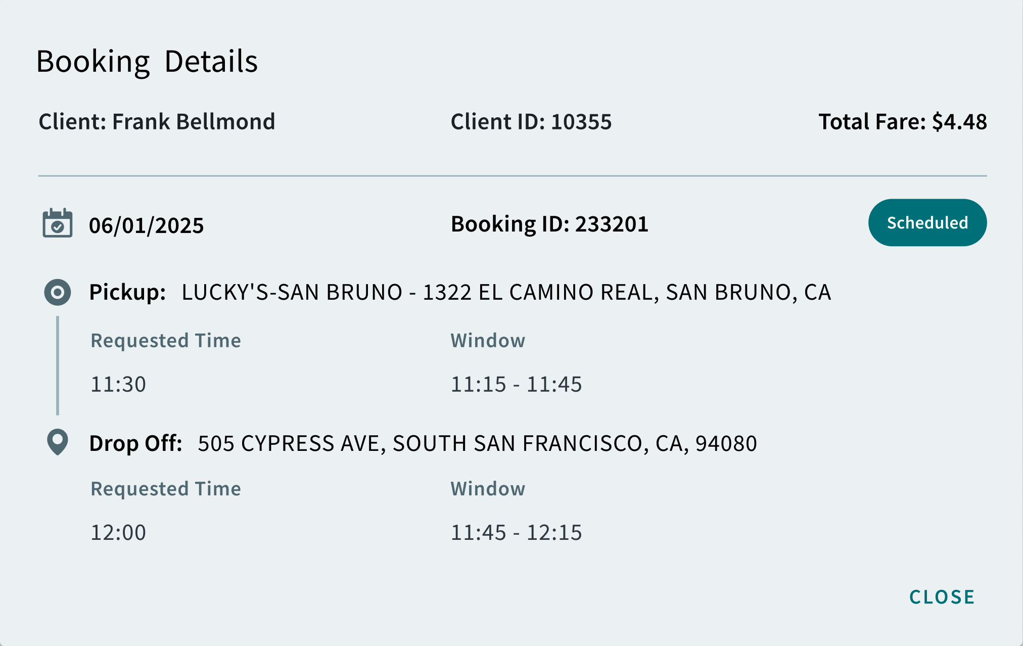 The schedule status for a booking appears in the Booking Details popup