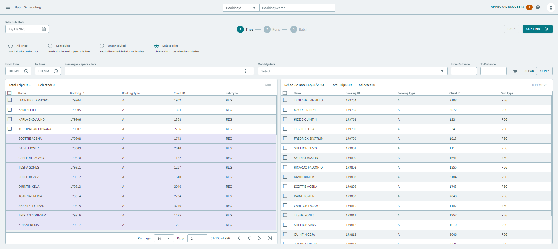 Adding selected trips in the Batch Scheduling grid.
