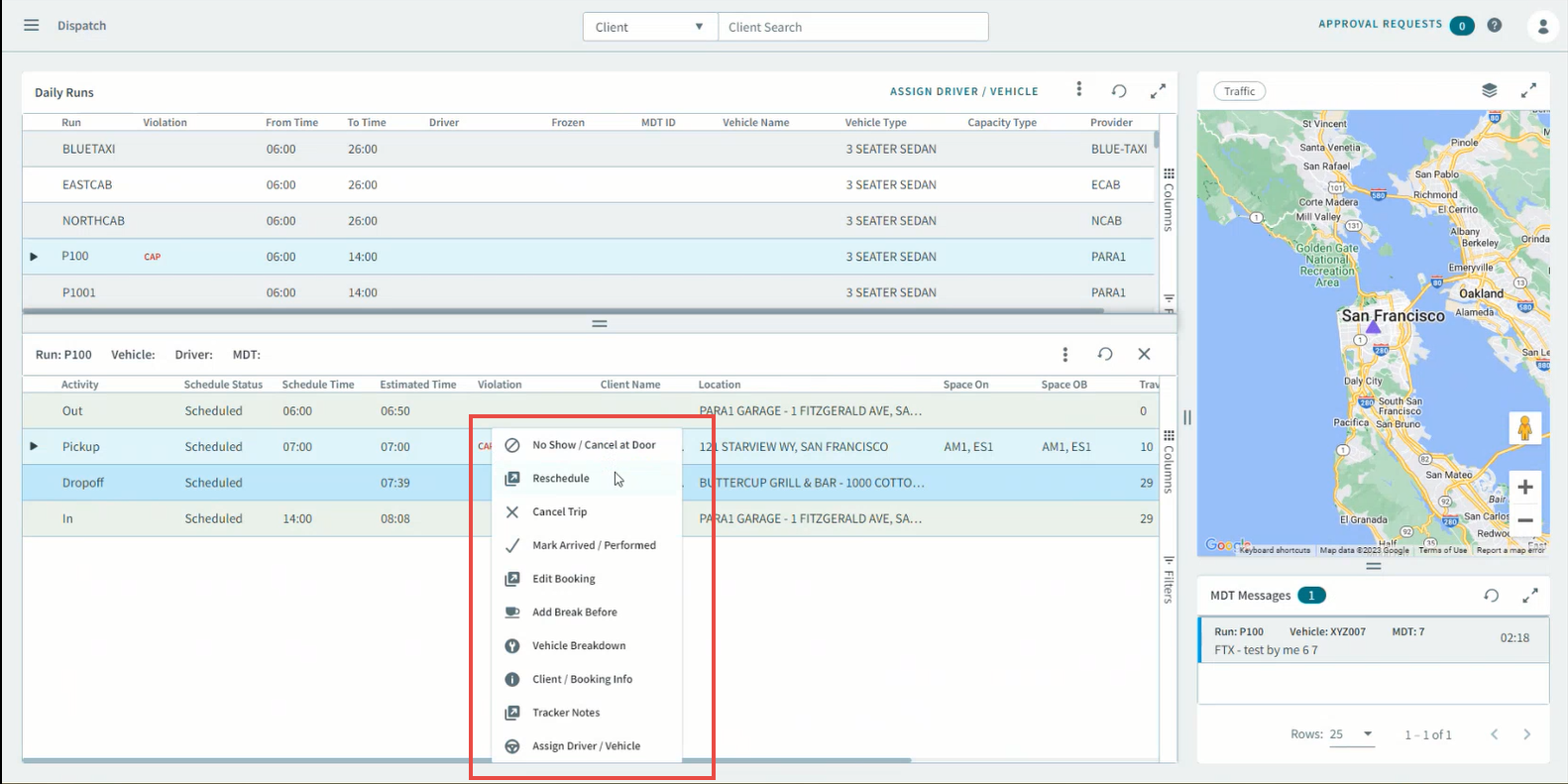 The right-click pop-up menu in the Dispatch page.