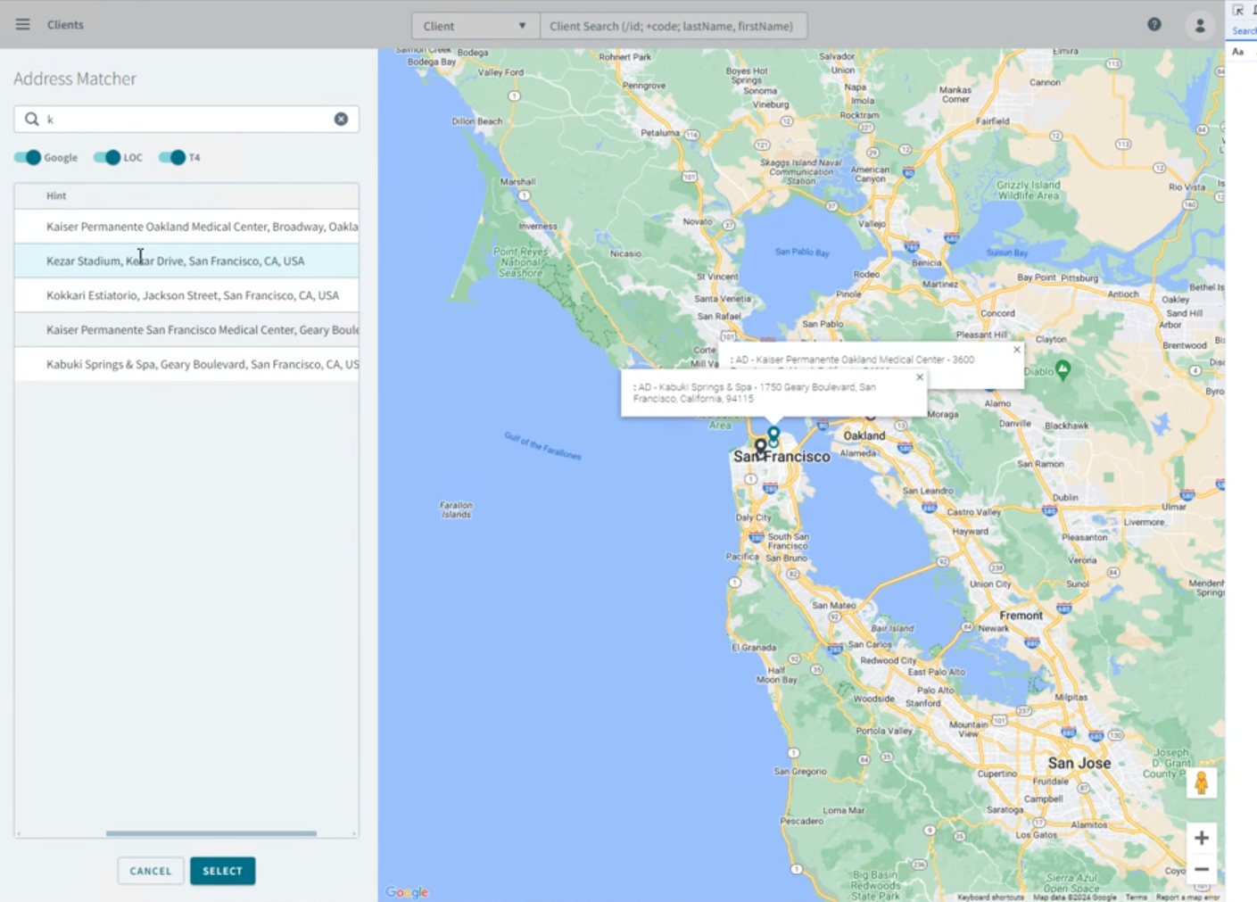 The Address Matcher page with the new pindrop improvements.