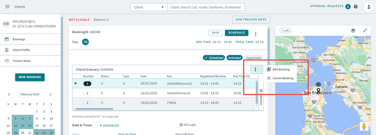A red rectangle highlighting the context menu on the top-right of the Client Itinerary grid
