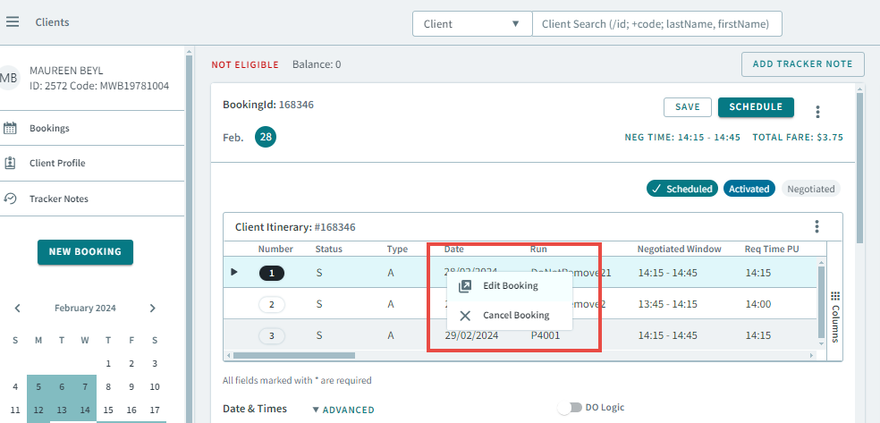 A red rectangle highlighting the shortcut menu opening in the Client Itinerary grid