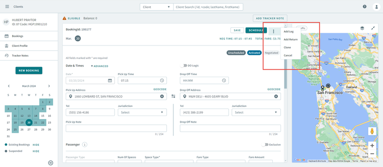 A red rectangle highlighting the context menu before the booking is cloned.
