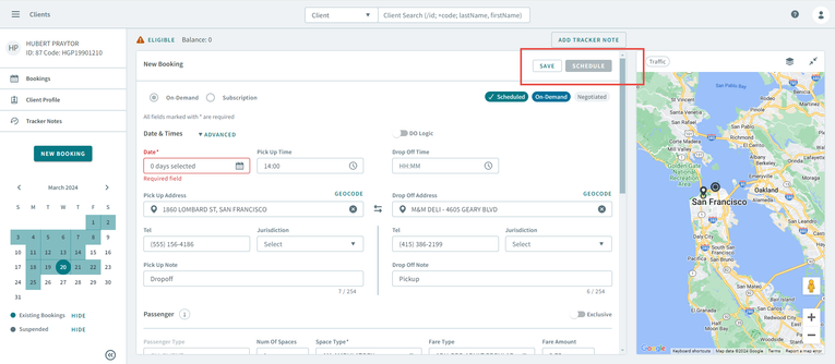 A red rectangle highlighting that there is no context menu when a cloned booking has not been saved.
