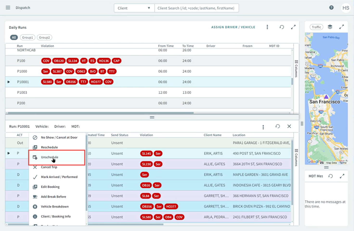 A red rectangle highlighting the Schedule option in the shortcut menu of the Dispatch page.