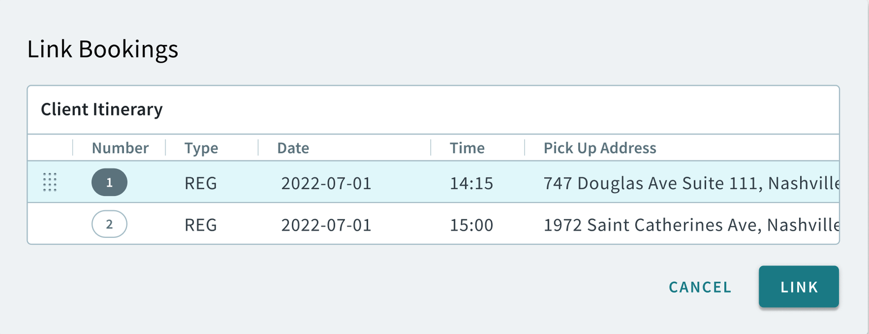 The Link Bookings functionality in the Client Itinerary