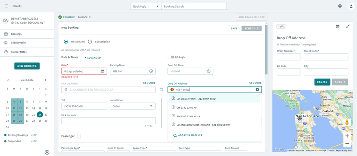 An address that is being typed into the Drop Off Address field showing how manual geocoding works.