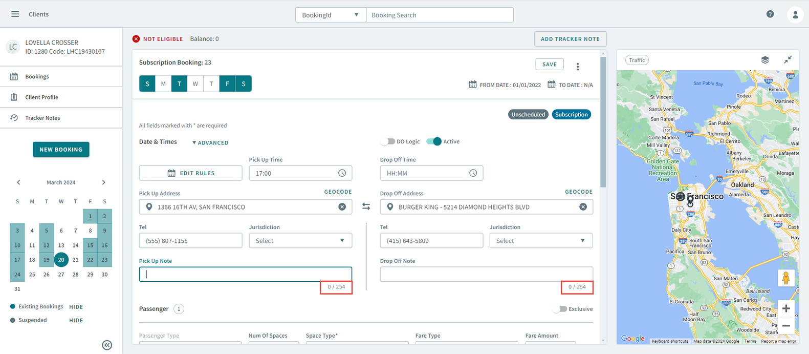 A red rectangle highlight the character limit for Pick Up Note and Drop Off Note textboxes