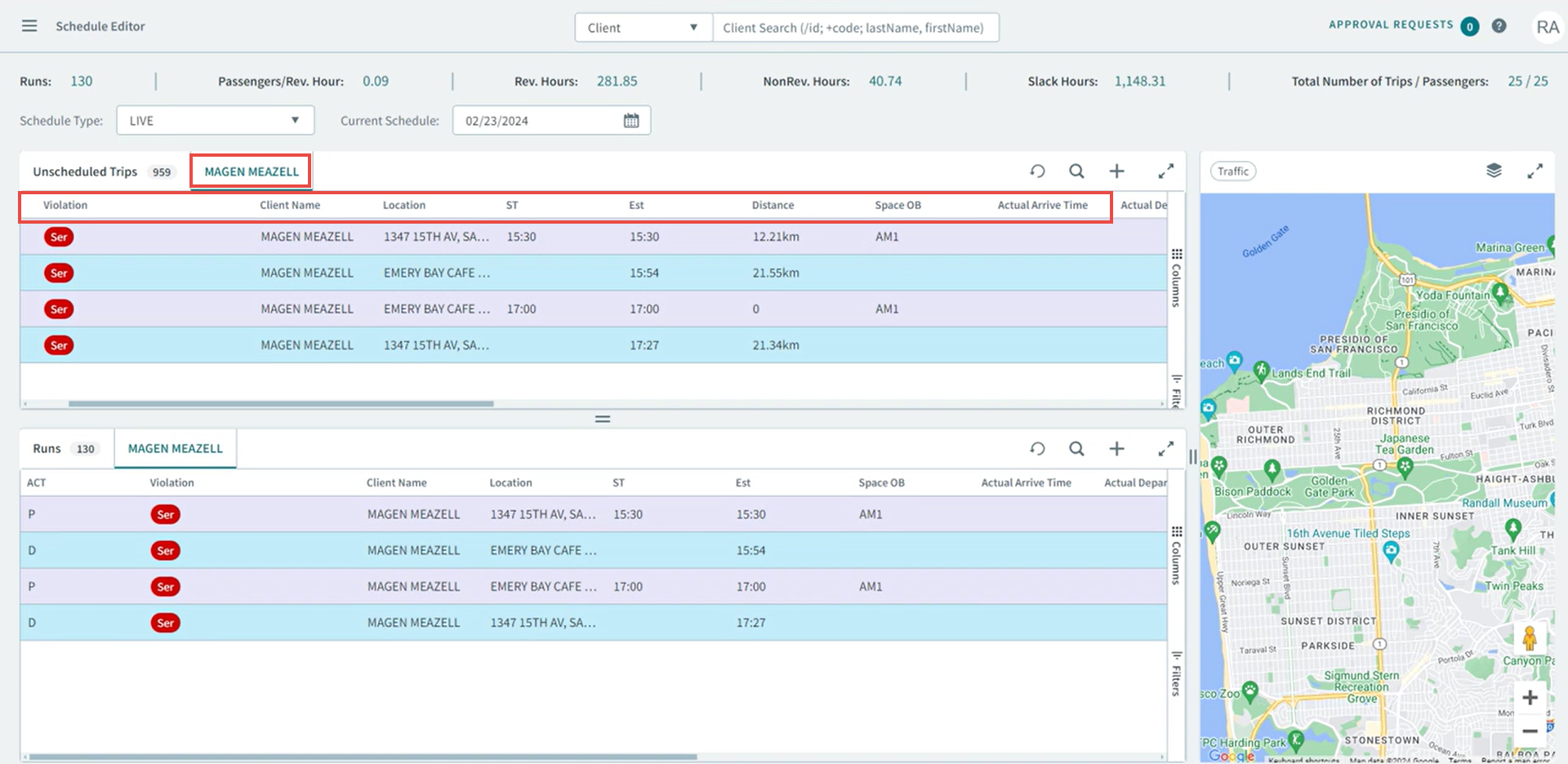A red rectangle highlighting what will display in the grid when searching by client name