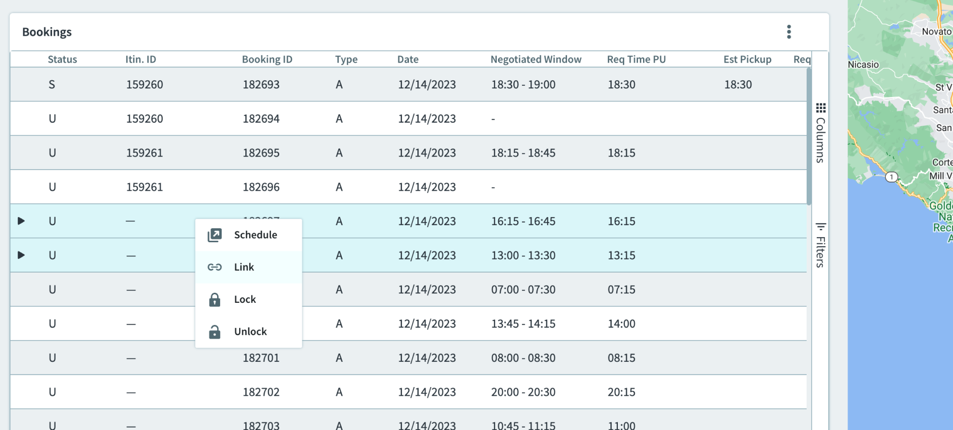 The shortcut menu opening in the Bookings page.