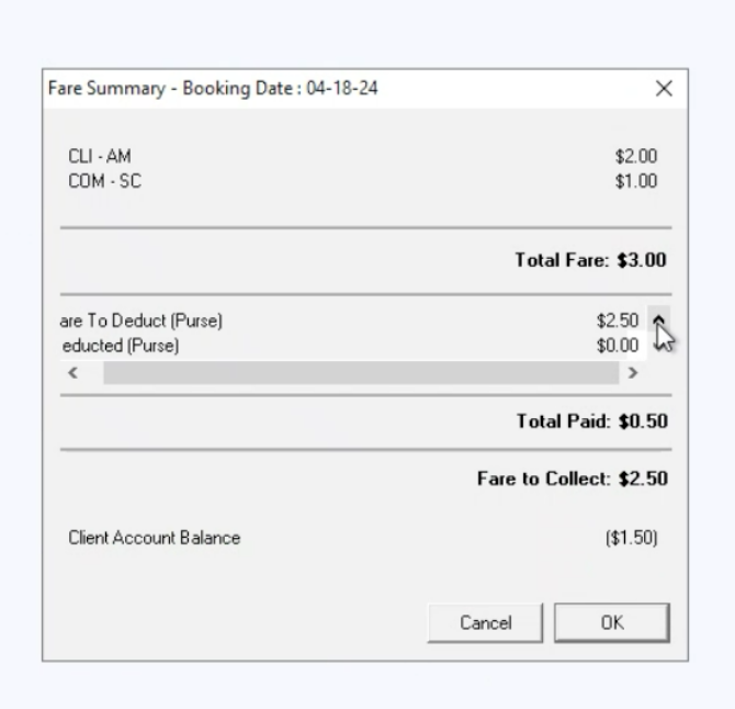 The Fare Summary dialog box from the Trapeze4 workstation.