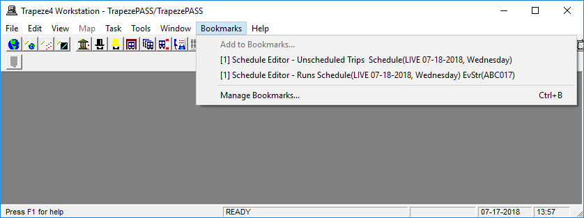 The Bookmarks menu item opened to show available bookmarks.