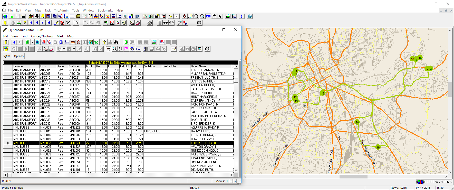 Schedule Editor open to Runs view with the selected run itinerary shown on the system map.